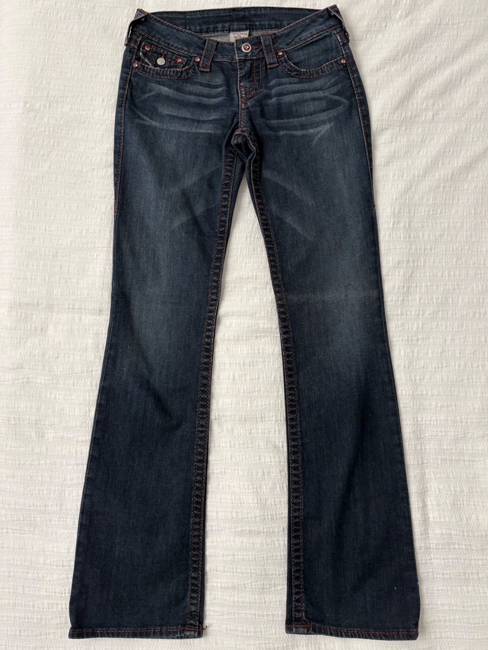GUC True Religion Dark Blue Swarovski Pink Crystal Bootcut Jeans